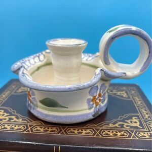 Pottery Tapered Candle Holder with Finger Handle, Signed by Artist